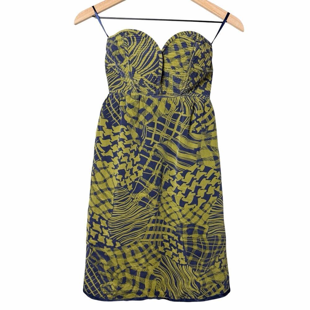 Maple Green And Navy Silk Strapless Smocked Sweetheart Mini Dress Women’s Size 2
